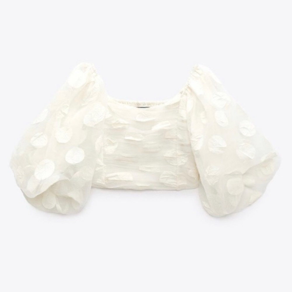 π ZARA BOHO IVORY POLKA DOT SHEER PUFF SLEEVE CROP TOP! - Picture 10 of 16